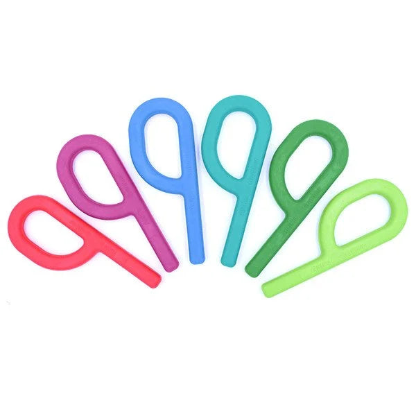 Six silicone chew necklace pendants in a loop shape fanned out in red, purple, blue, teal, green, and lime