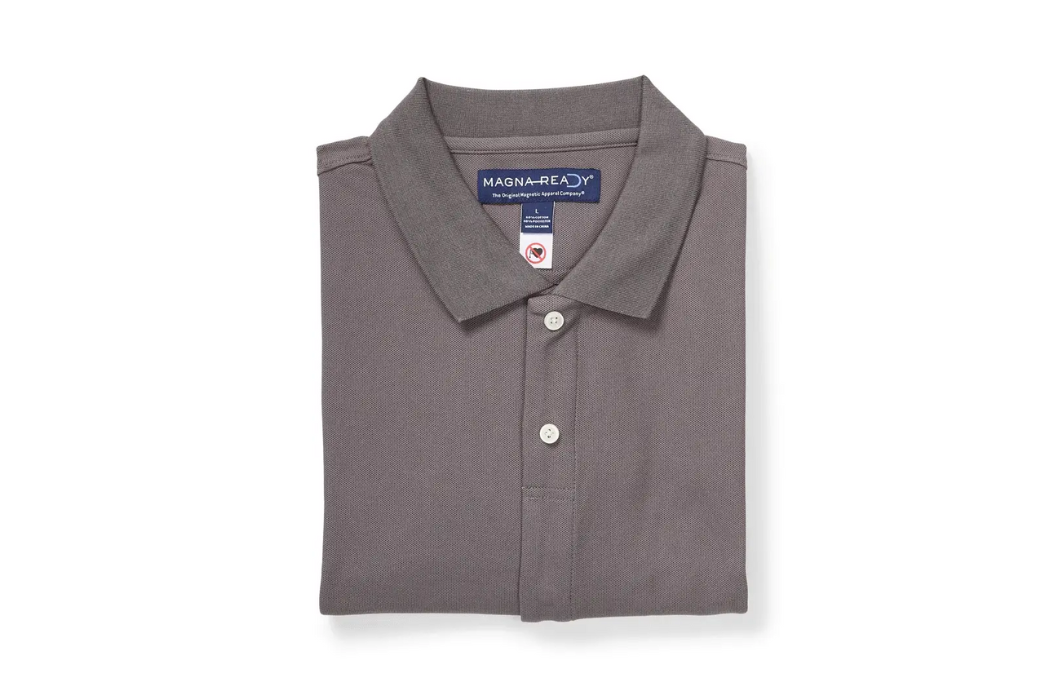 Gray MagnaReady magnetic polo shirt laid flat on a white background.