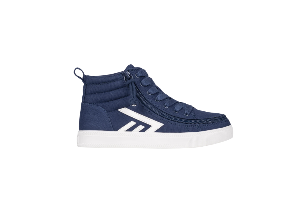 BILLY blue high-top adaptive sneaker with a full wraparound zipper and white logo.