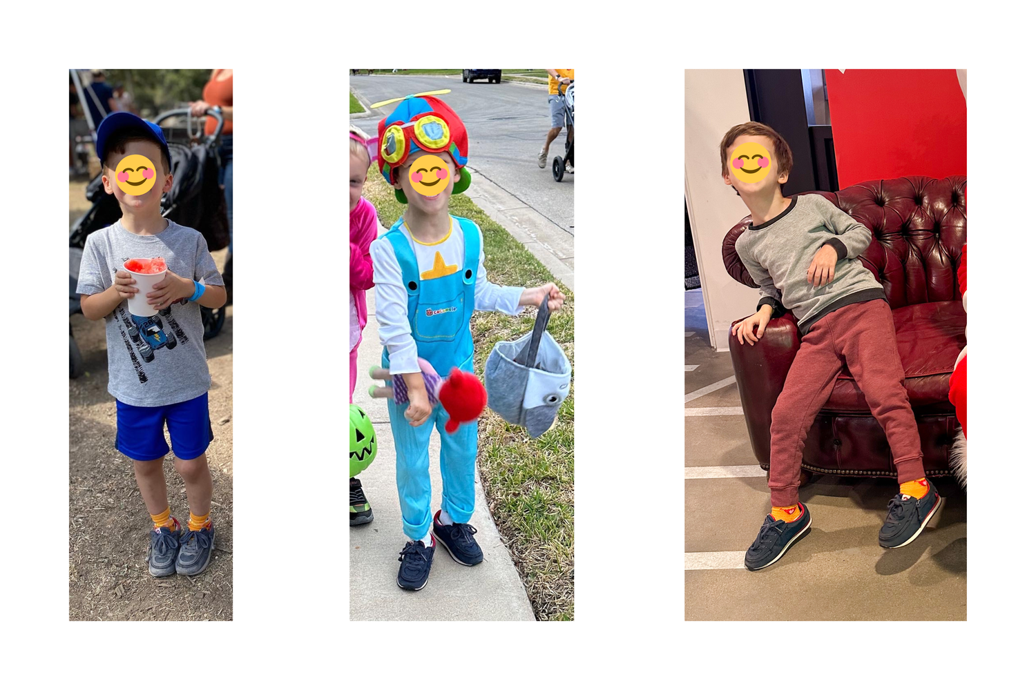 Three photos of the same boy wearing BILLY retro jogger sneakers over SMOs in different everyday settings — at an outdoor event, trick-or-treating in a Tom Tom costume, and relaxing in a chair