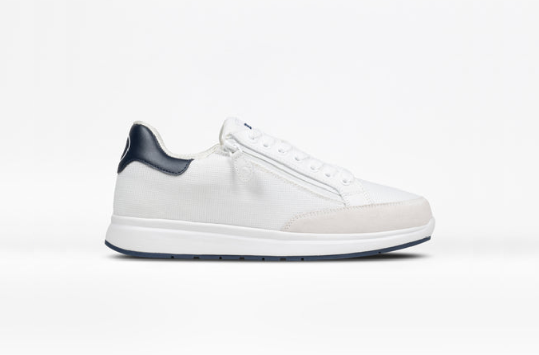 White BILLY Comfort Court adaptive sneaker with navy heel and zipper closure