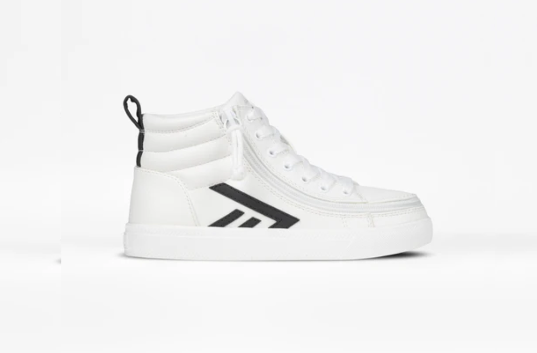 White BILLY Classic Lace High adaptive sneaker with wraparound zipper and black logo