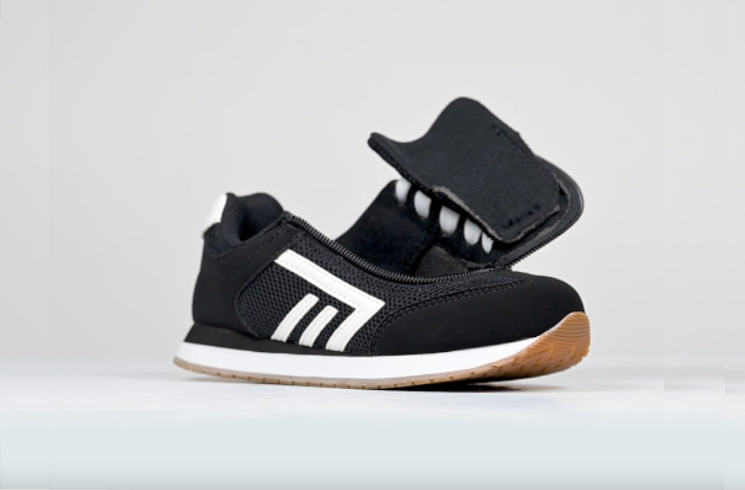 Black BILLY Retro Jogger adaptive sneaker with wraparound zipper opened wide for easy access