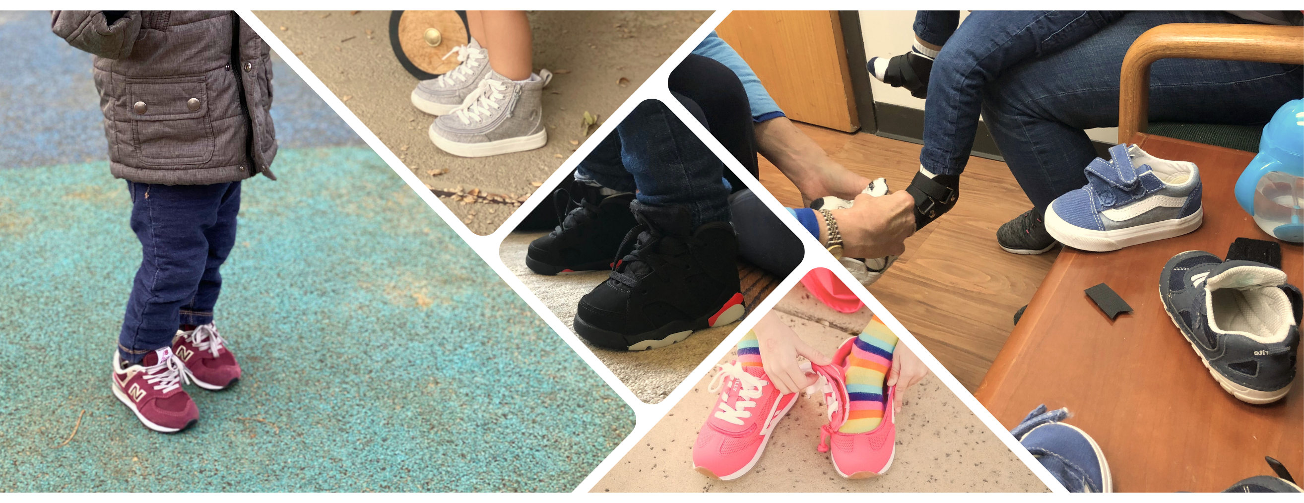 Four-photo collage of children wearing sneakers over SMOs and AFOs in everyday settings — on a playground, indoors, and at a clinic visit