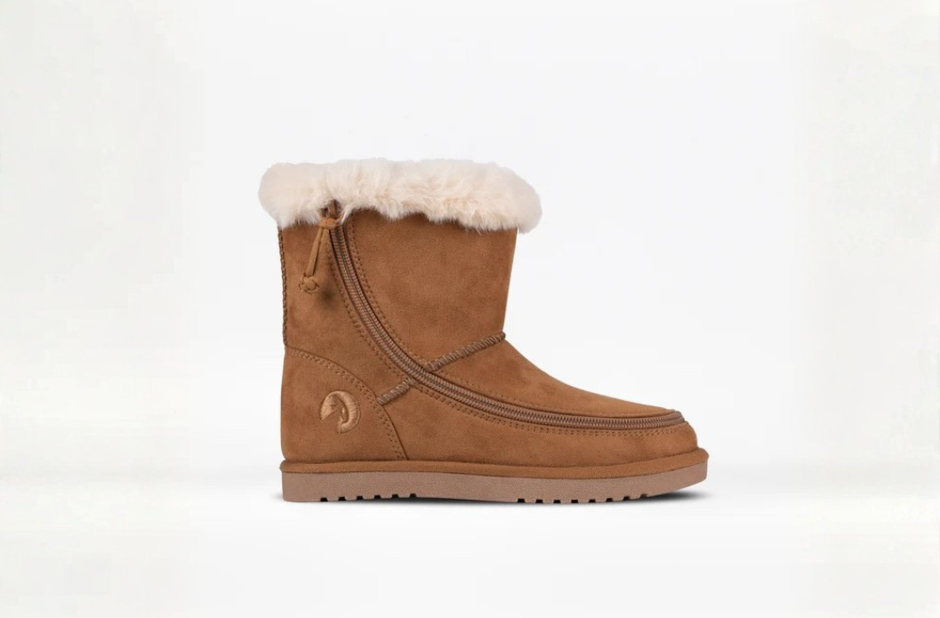 Chestnut Billy adaptive zipper boot designed for winter wear and orthotics. The boot is fur-lined. 