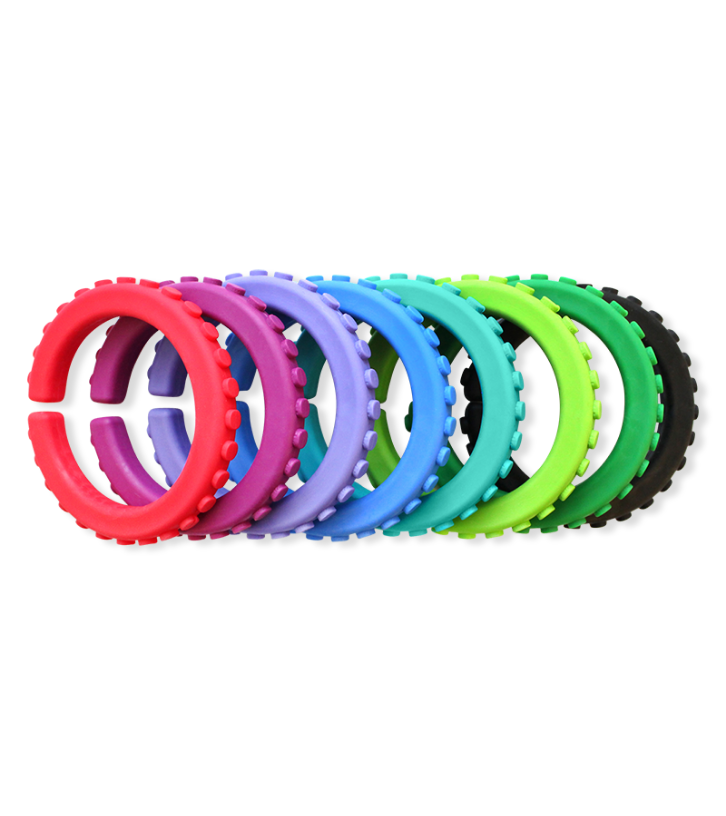 Colorful chewable sensory bracelets arranged in a row