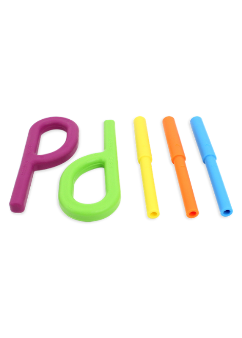 Five silicone chew tools in purple, green, yellow, orange, and blue — including loop-shaped pendants and narrow straw-style chews for varying jaw resistance levels