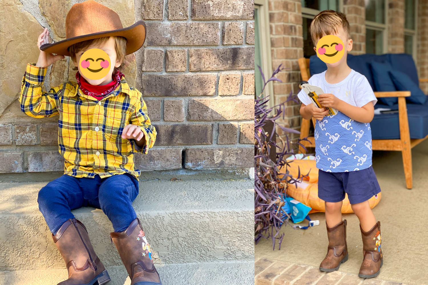 Two photos of a young boy wearing brown cowboy boots with side zip over SMOs — dressed in western costume on steps and in casual summer outfit on a porch