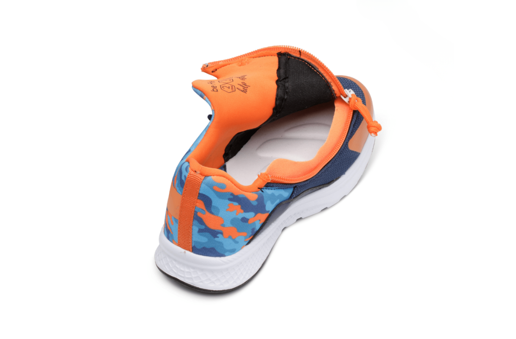 Kids' blue camo adaptive sneaker with orange side zip and open back entry, rear view