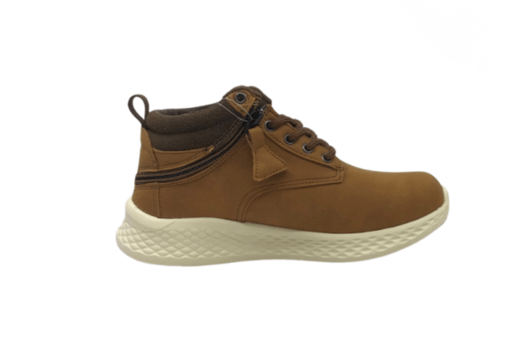 Tan high-top adaptive boot with side zip closure and lace-up front on white sole, profile view
