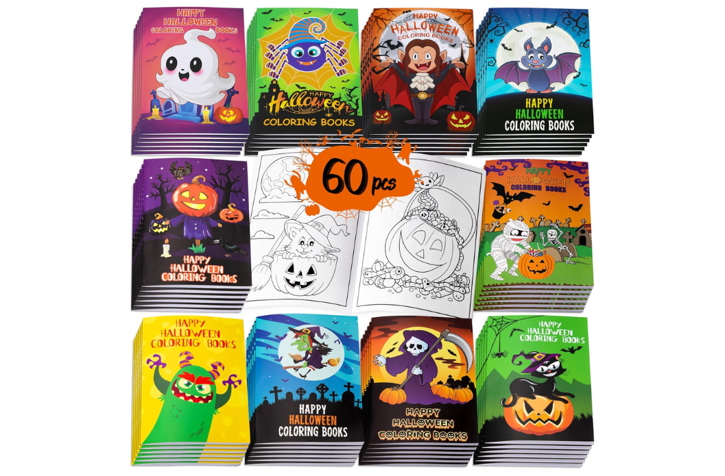 A set of 12 different colored Halloween coloring books arranged in a 3x4 grid on a white background, with one open book in the center showing black-and-white pumpkin illustrations. A central orange badge reads '60 pcs'.