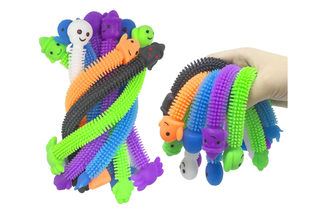Colorful textured Halloween worm fidget toys held in two hands