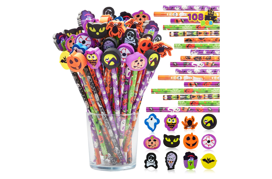 A set of Halloween-themed pencils and erasers in a clear cup, shown alongside loose erasers and pencils on a white background. The erasers and pencils feature pumpkins, ghosts, spiders, and other spooky designs in orange, purple, black, and green.