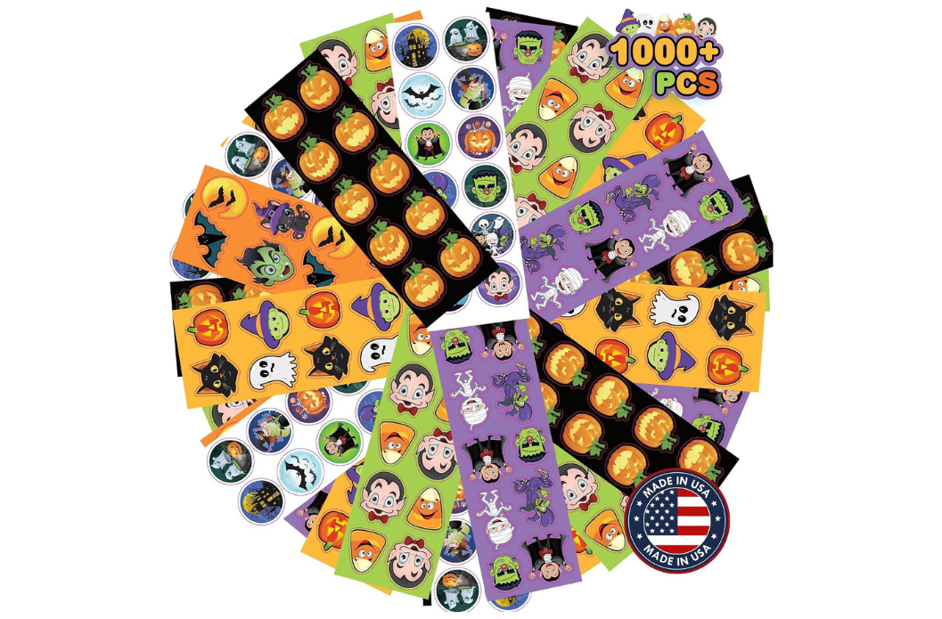 A circular arrangement of multiple Halloween-themed sticker sheets on a white background, featuring pumpkins, ghosts, witches, bats, and cartoon faces in orange, purple, green, black, and white. 