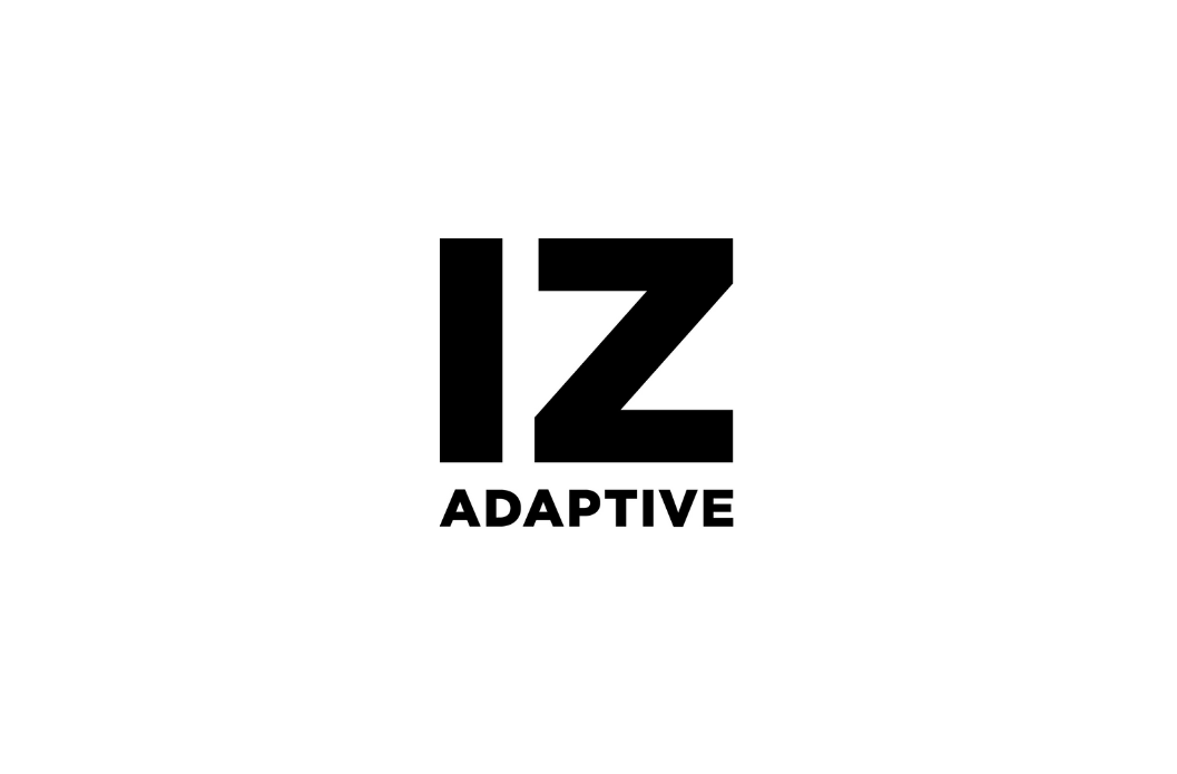 Black "IZ Adaptive" apparel company logo on white background