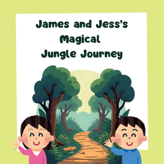 Illustrated cover of a children’s auditory bombardment story showing two smiling children on a jungle path.