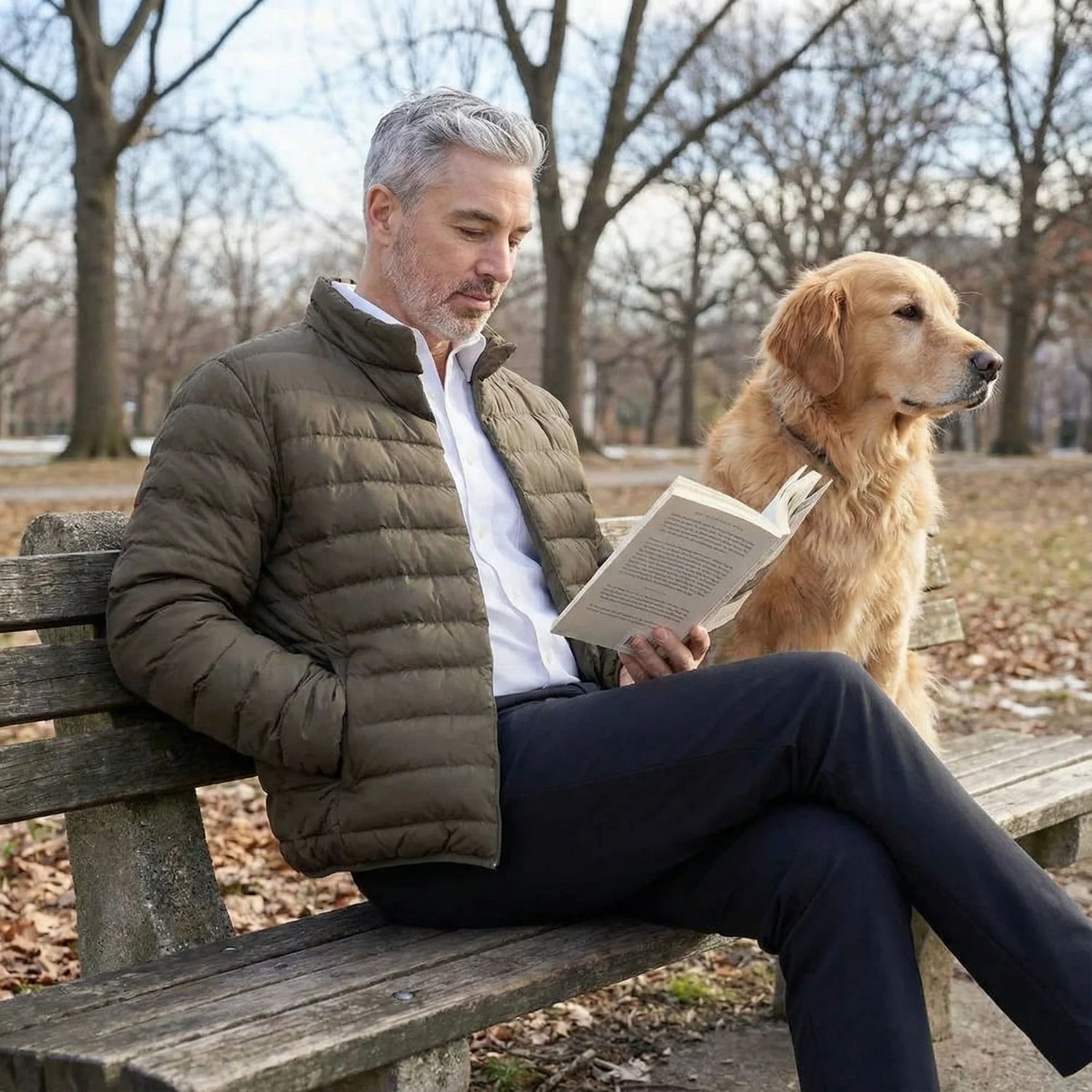 Man wearing a MagnaReady jacket sitting on a park bench with a dog.