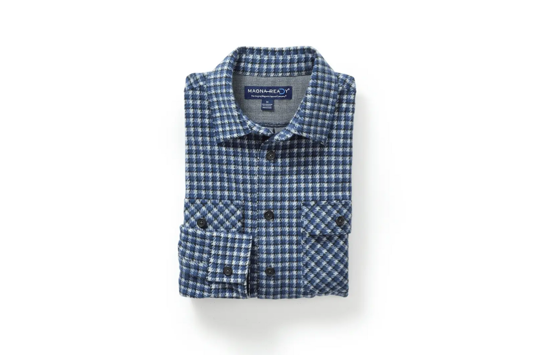 Blue and white plaid MagnaReady flannel shirt with hidden magnetic closures.