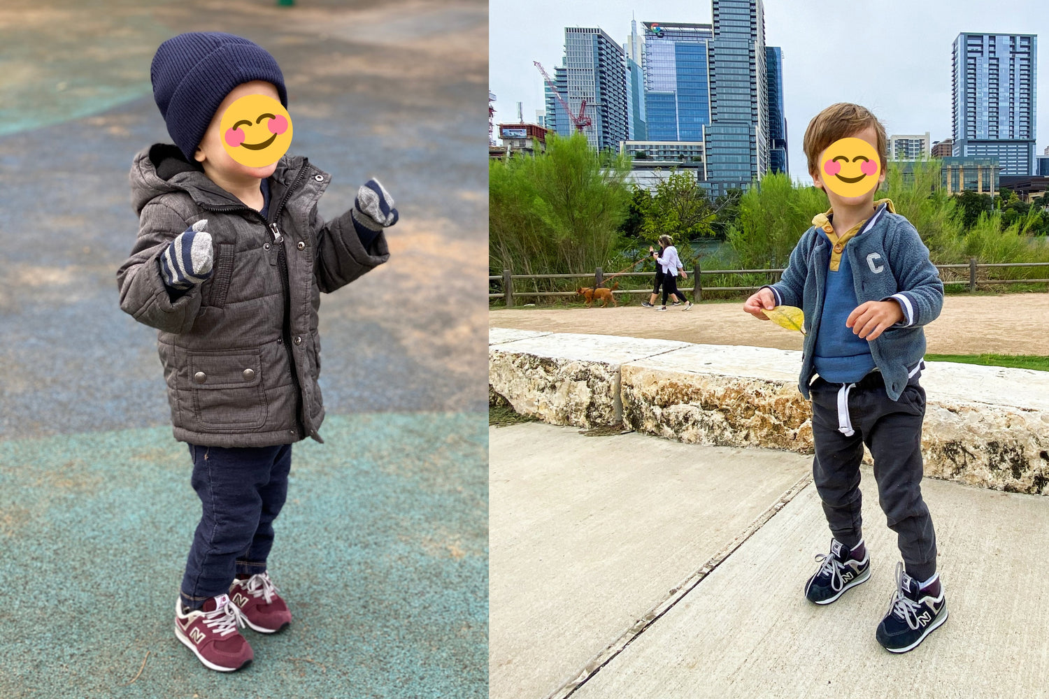 Side by side images of a toddler wearing New Balance sneakers over SMOs outdoors — one on a playground, one at an urban park