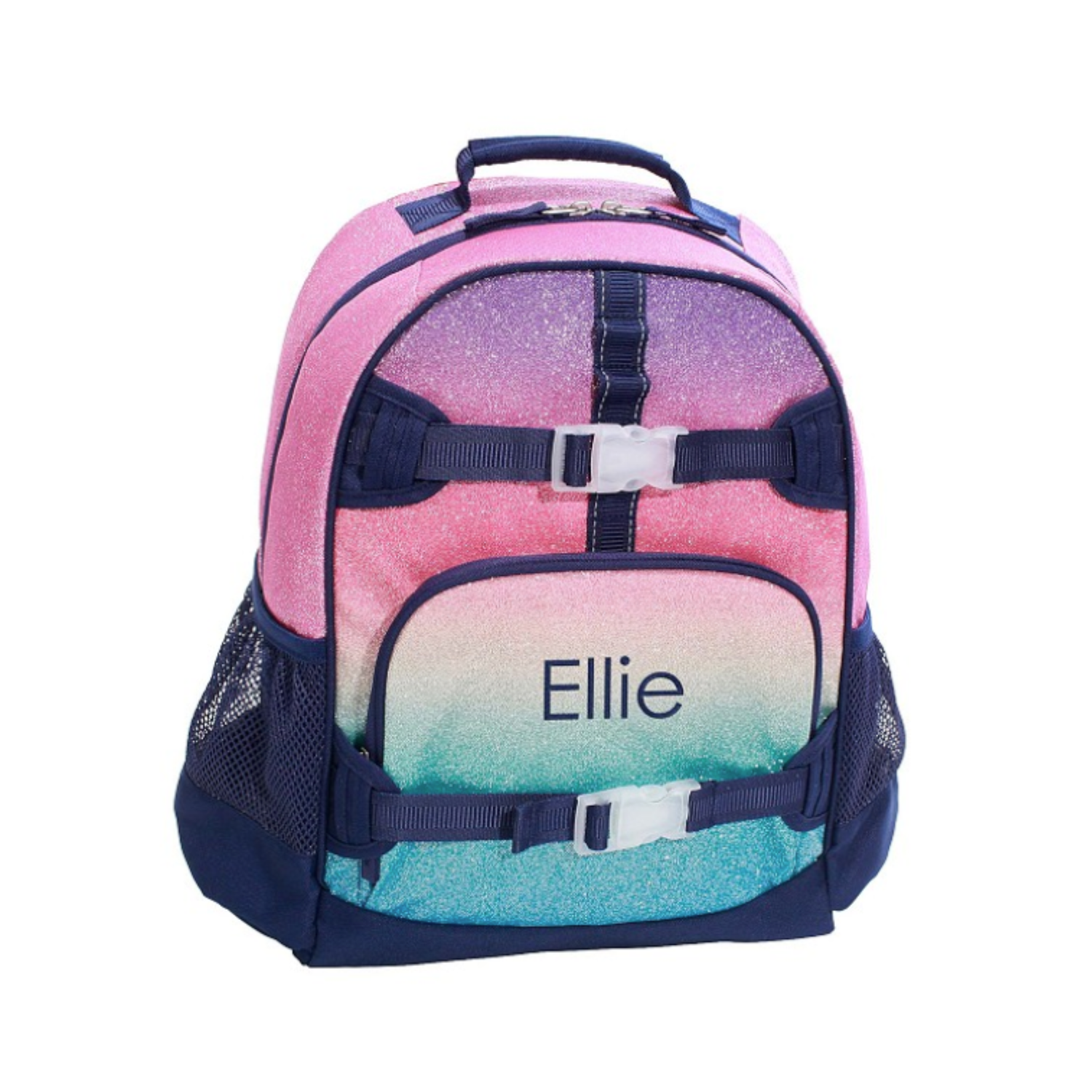 Pottery Barn Kids Mackenzie backpack in rainbow glitter ombre with navy accents and personalized name patch, front view