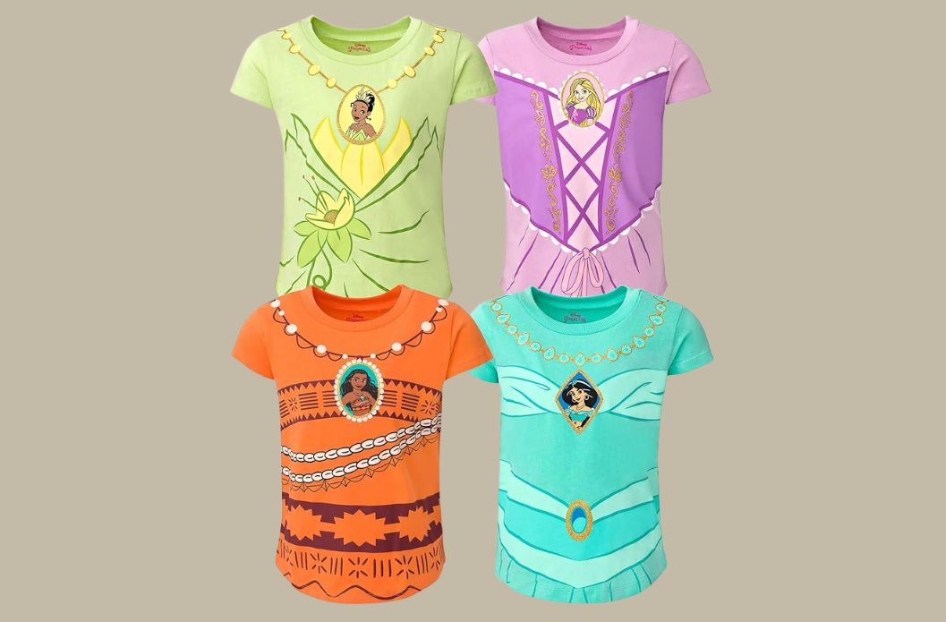 Collection of princess-inspired graphic t-shirts designed for comfortable sensory-friendly wear