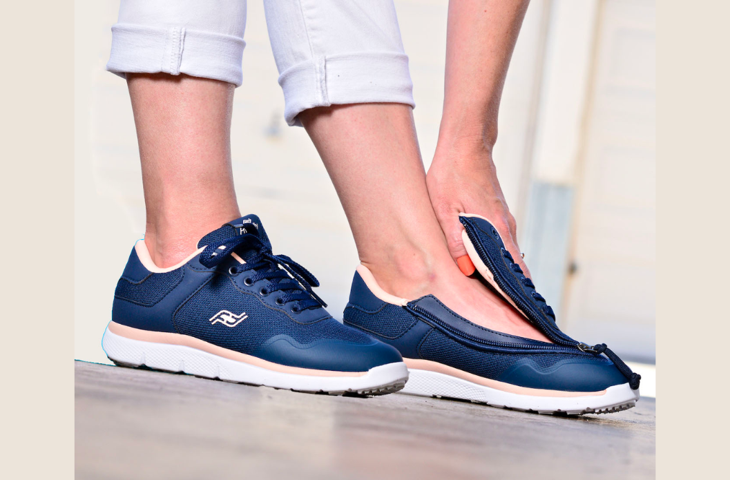 Friendly Shoes with an easy-access zipper opening designed to help children put on shoes more independently.
