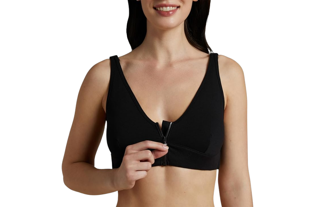 Woman wearing Slick Chicks front-zip adaptive bra in black