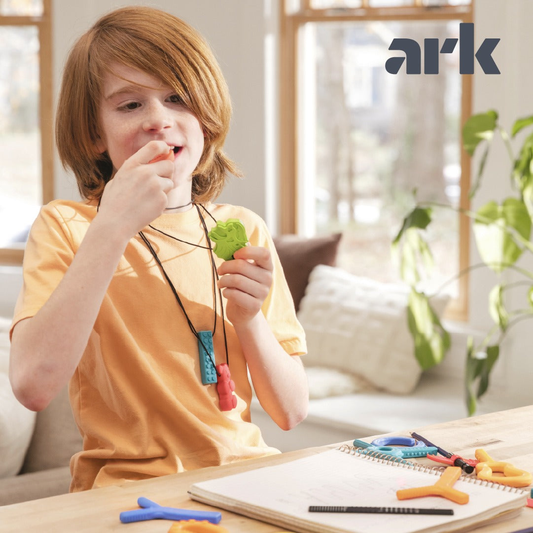 Boy wearing multiple chew necklaces at a desk, holding a green dinosaur-shaped silicone chew pendant
