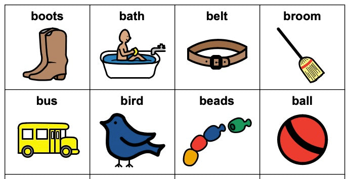 Grid of illustrated objects labeled with words such as boots, bath, belt, broom, bus, bird, beads, and ball, used for picture-based listening activities.