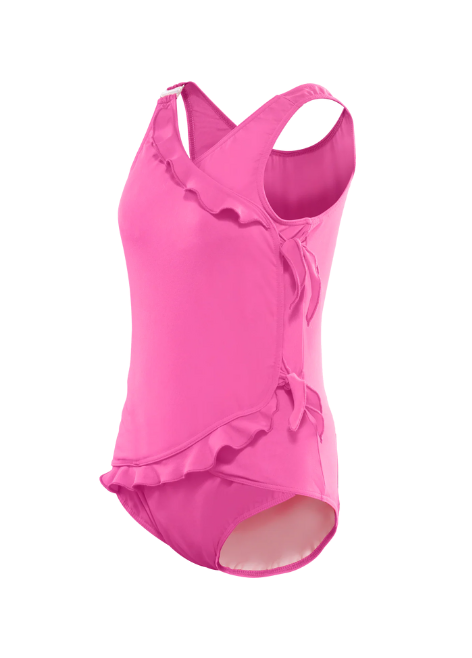 Pink one-piece adaptive swimsuit with ruffle details, built-in incontinence support and soft lining for discreet protection during swimming.