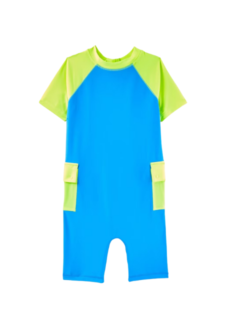 Blue and green adaptive kids one-piece swimsuit with wide back opening and self-stick closures for easier assisted dressing.