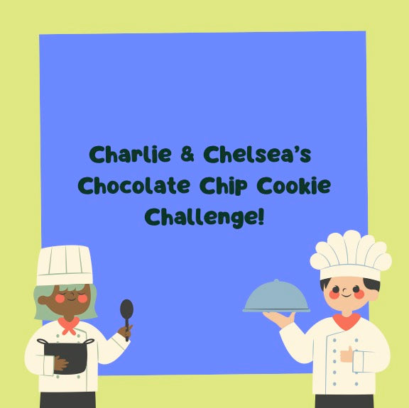 Illustrated cover of an auditory bombardment story titled “Charlie & Chelsea’s Chocolate Chip Cookie Challenge,” featuring two cartoon children dressed as chefs.