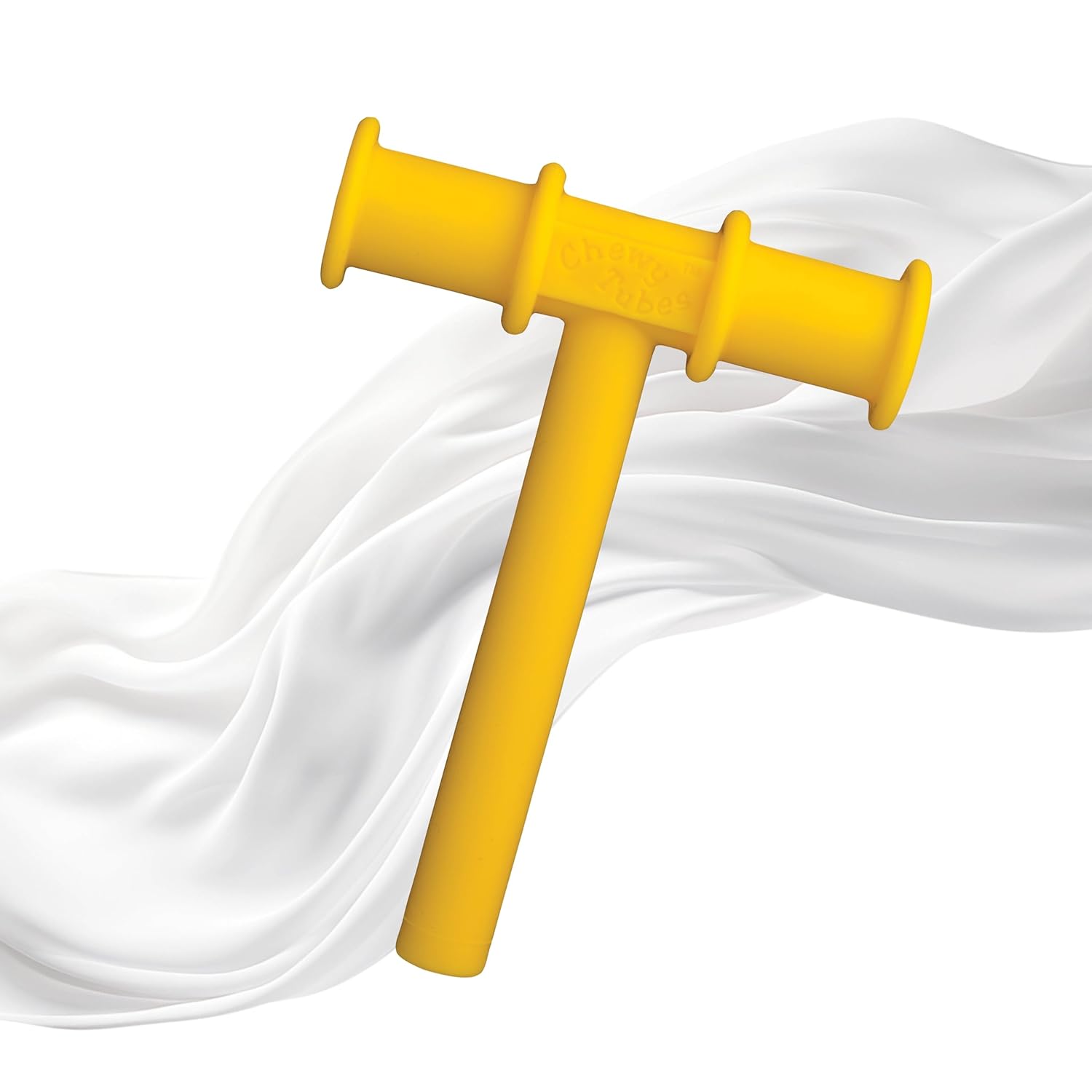 Yellow silicone T-shaped chew tool for oral sensory input, product view