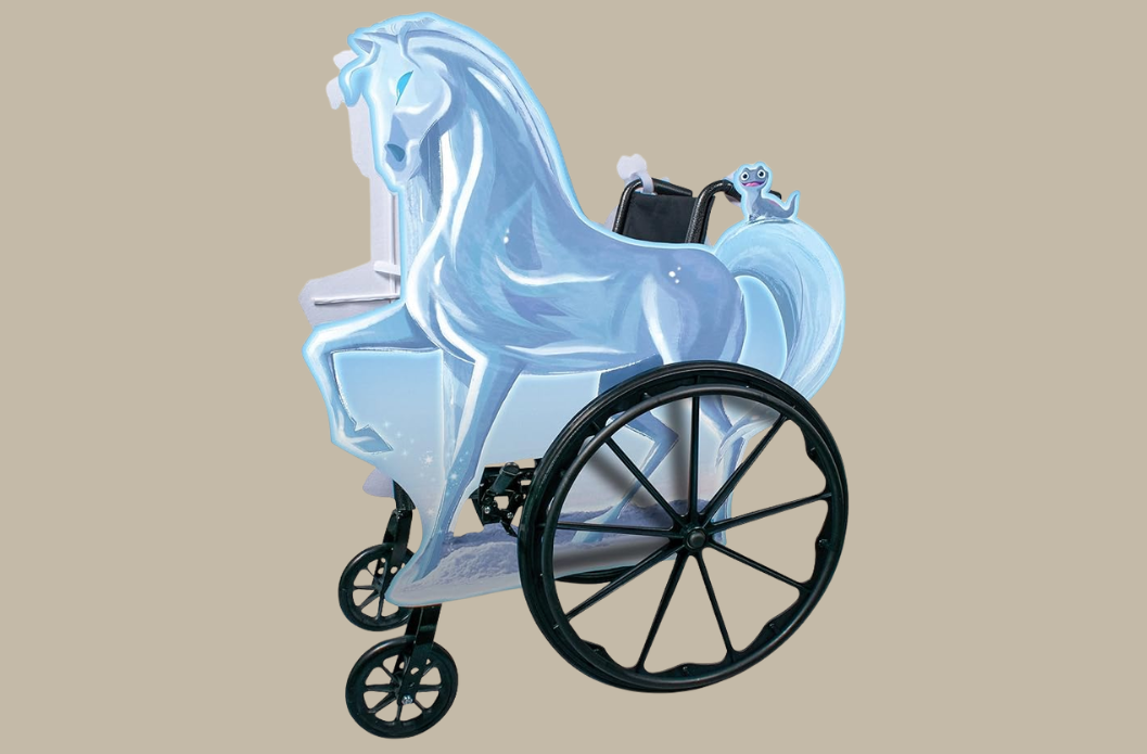 Frozen-inspired wheelchair Halloween cover designed as an icy royal carriage
