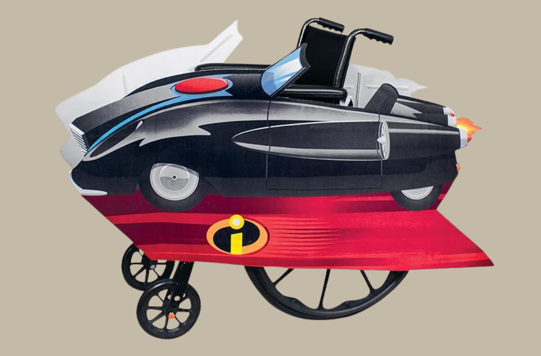 Incredibles-themed wheelchair Halloween vehicle cover with superhero-inspired design