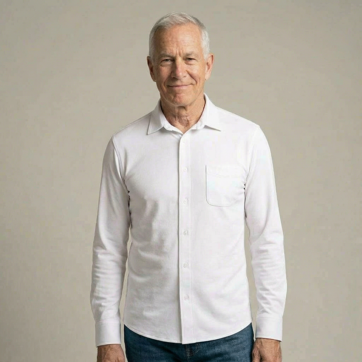 Man wearing MagnaReady white magnetic cooling shirt, full front view, against a plain background.