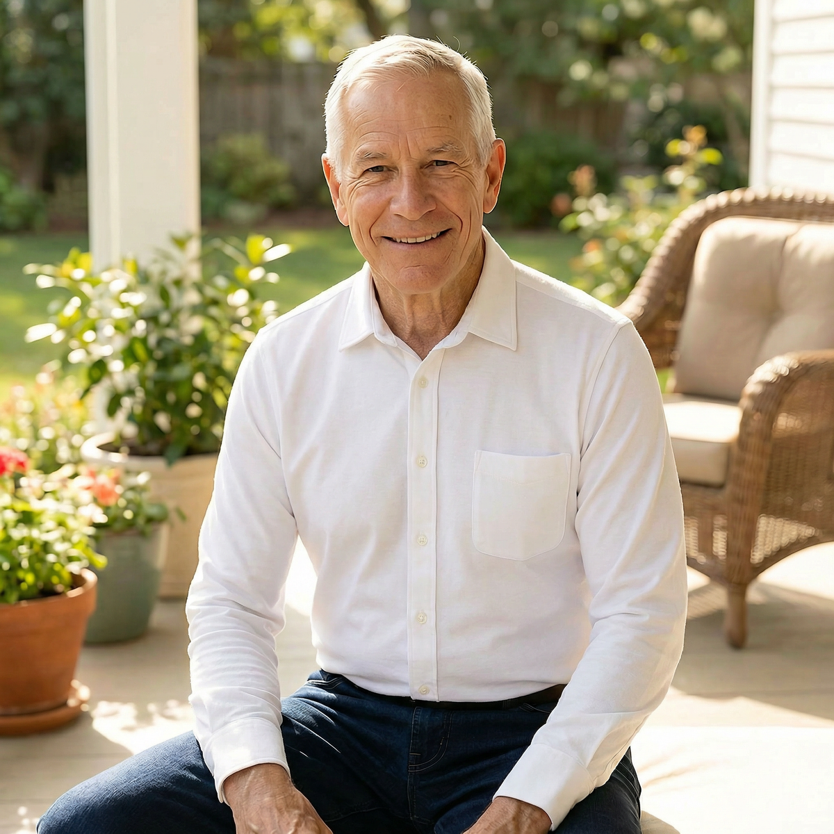 Man seated wearing MagnaReady white magnetic cooling shirt outdoors with plants and furniture in the background.