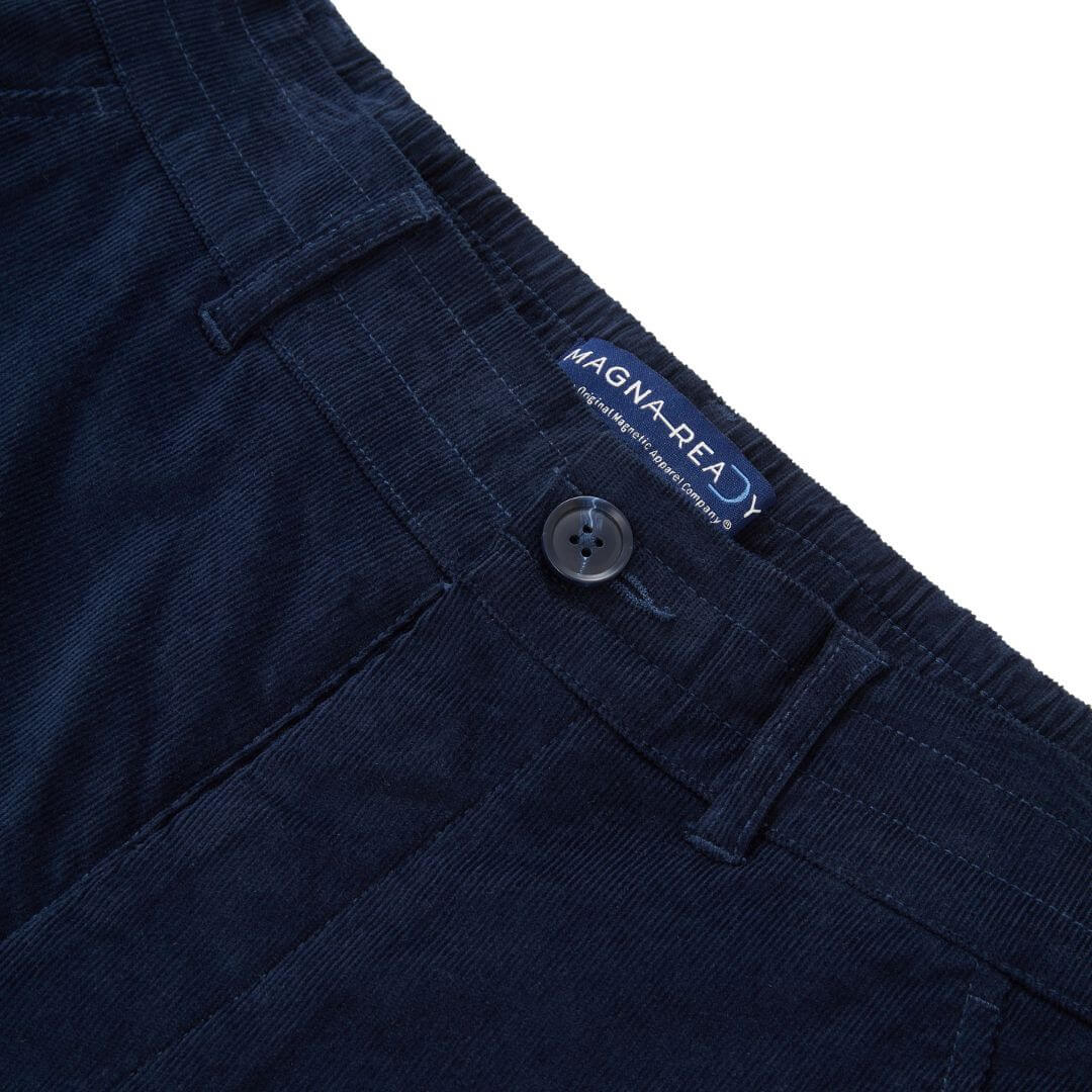 MagnaReady navy corduroy pants waistband detail.
