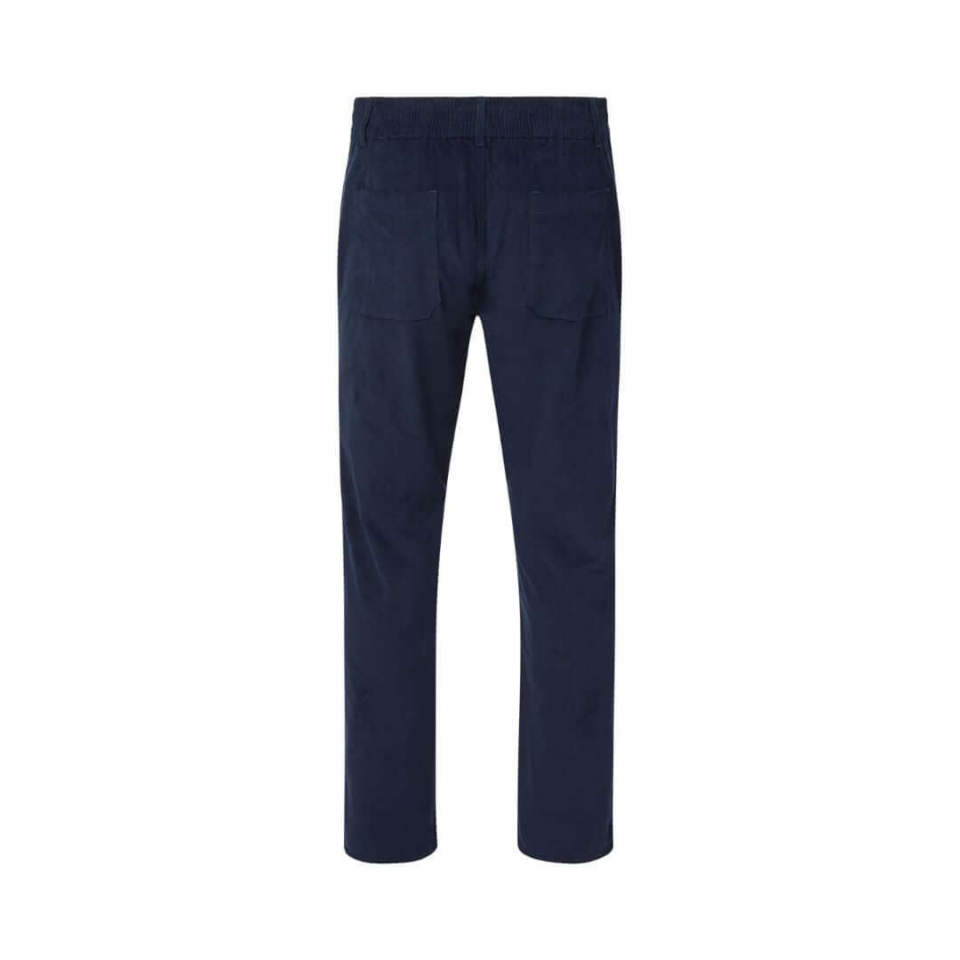 Back view of navy magnetic corduroy pants on a white background.