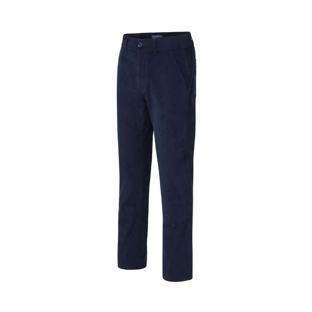 Side view of navy magnetic corduroy pants on a white background.