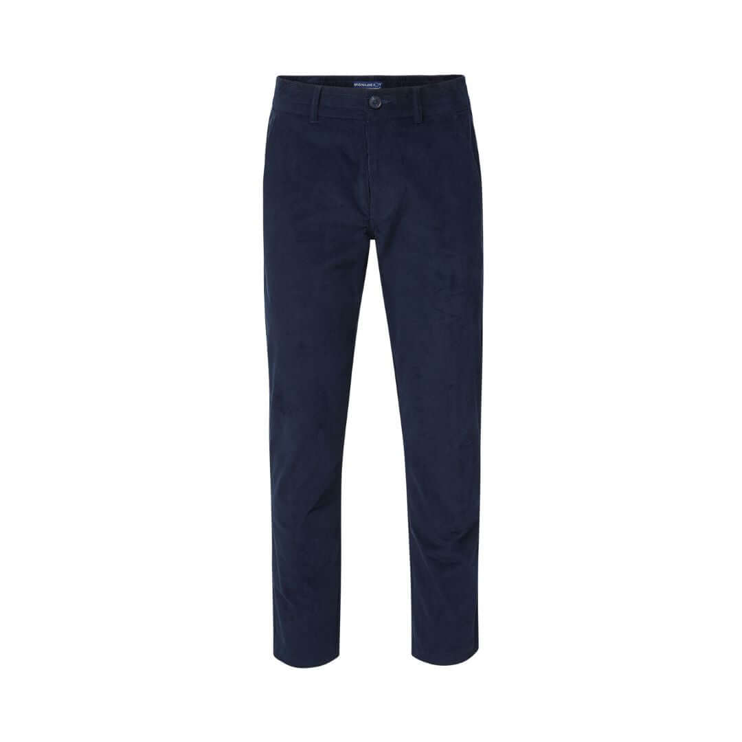 Front view of navy magnetic corduroy pants on a white background.