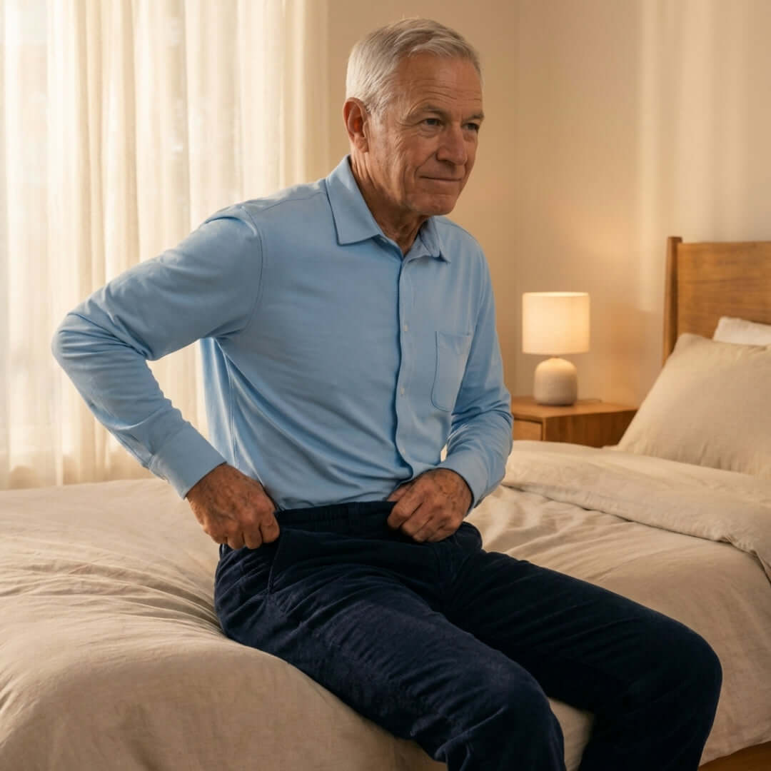 Man adjusting his MagnaReady navy corduroy pants while sitting on a bed in a bedroom. 