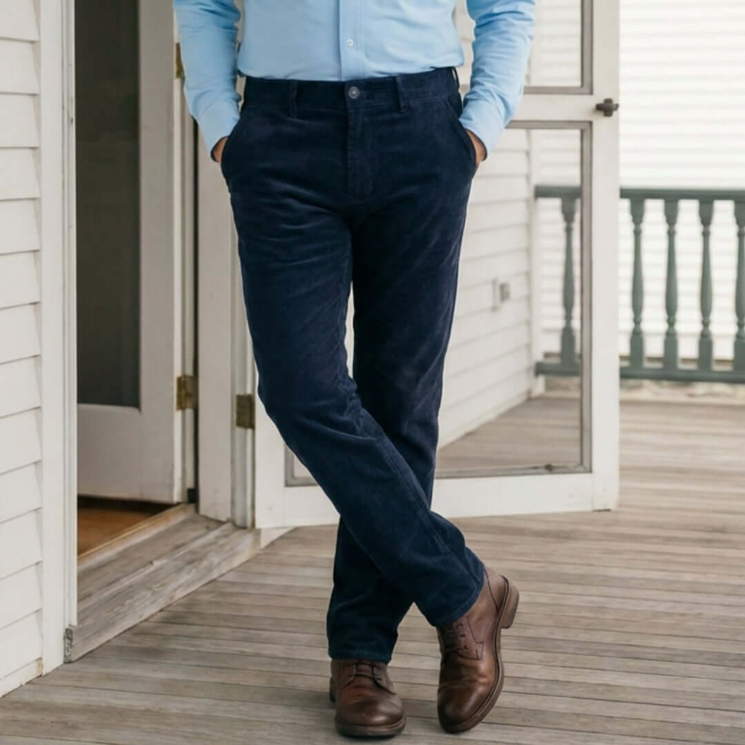 Man wearing MagnaReady navy magnetic corduroy pants with a light blue shirt and brown shoes on a wooden deck.