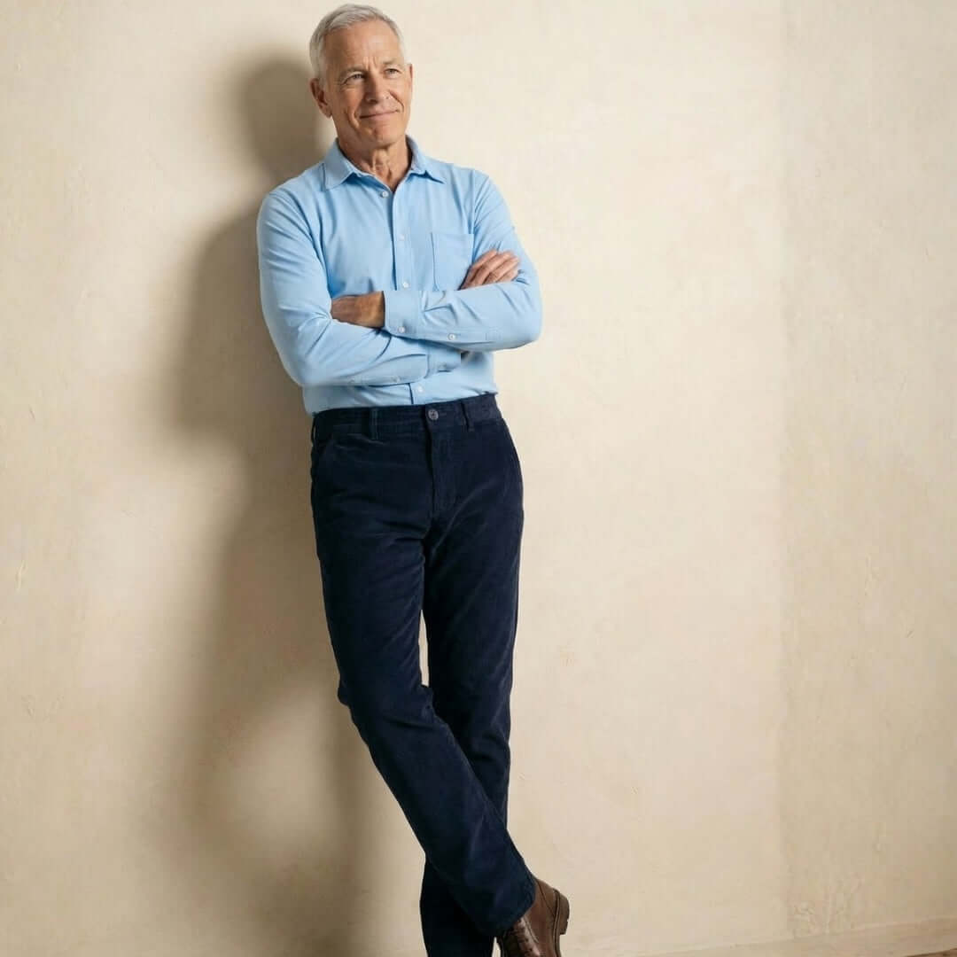 Man wearing MagnaReady navy magnetic corduroy pants and a a light blue shirt against a beige wall.