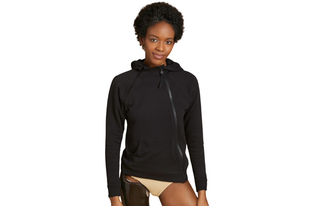 Model wearing Slick Chicks adaptive, accessible hoodie in black.