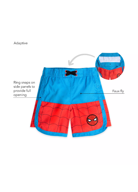 Blue and red adaptive kids swim trunks with Spiderman design, ring snaps along both side seams that open fully for easier dressing from a seated position.
