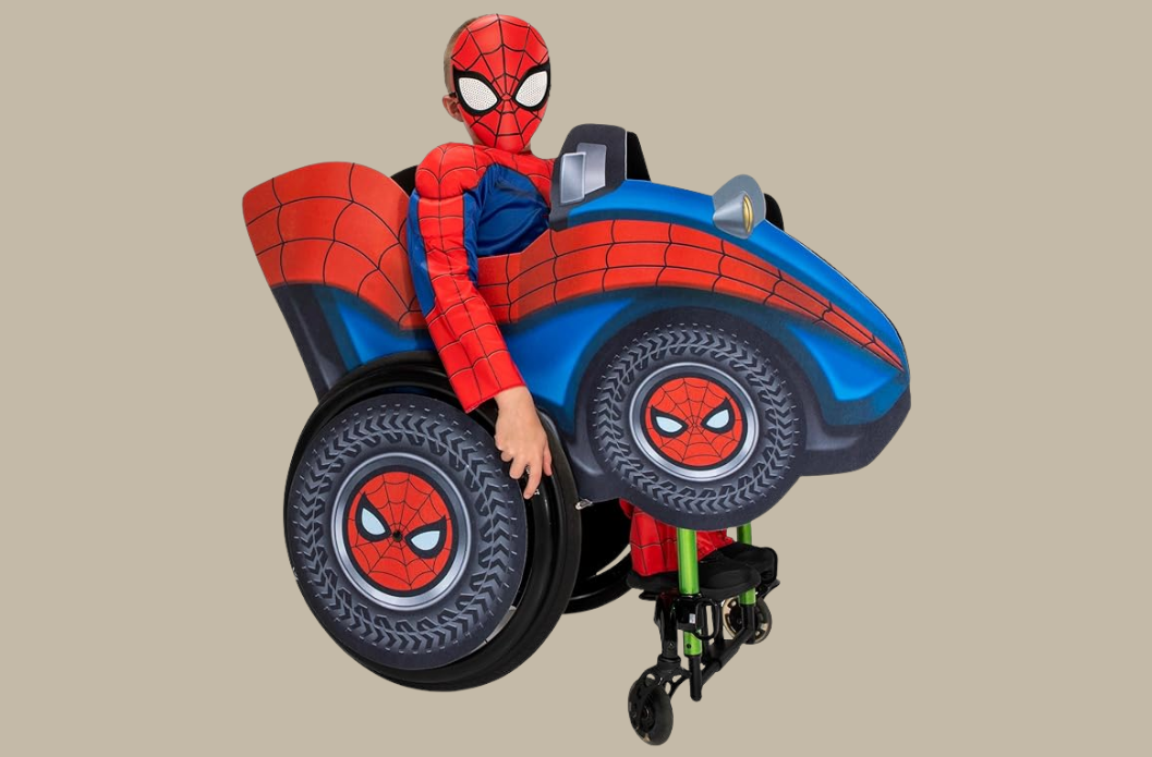 Spider-Man wheelchair Halloween vehicle cover with large superhero-style wheels
