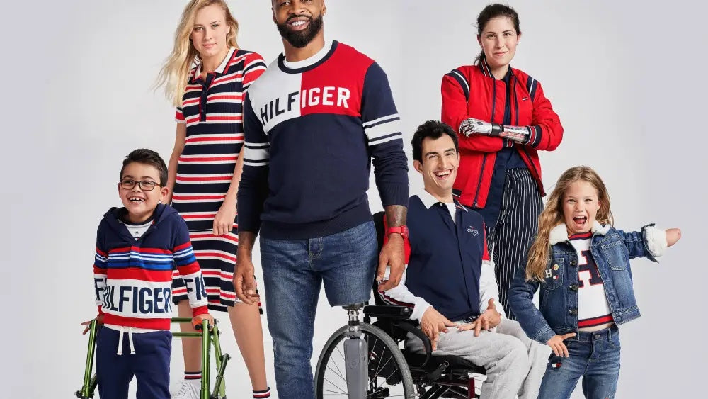 Models wearing Tommy Hilfiger Adaptive clothing, including children and adults with disabilities, showcasing inclusive fashion designs.