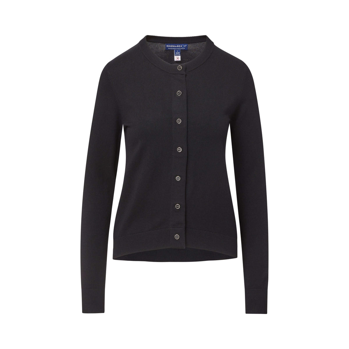 MagnaReady women's black cardigan with magnetic front closures that look like buttons on a white background.