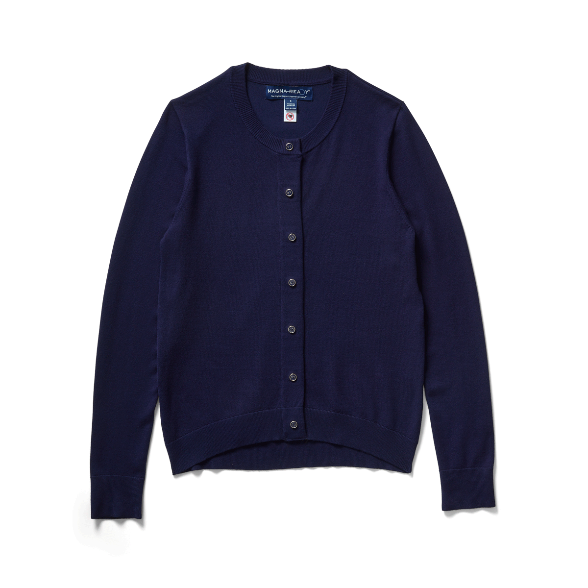 MagnaReady women's navy magnetic knit cardigan front view showing the magnetic closure opening and closing.